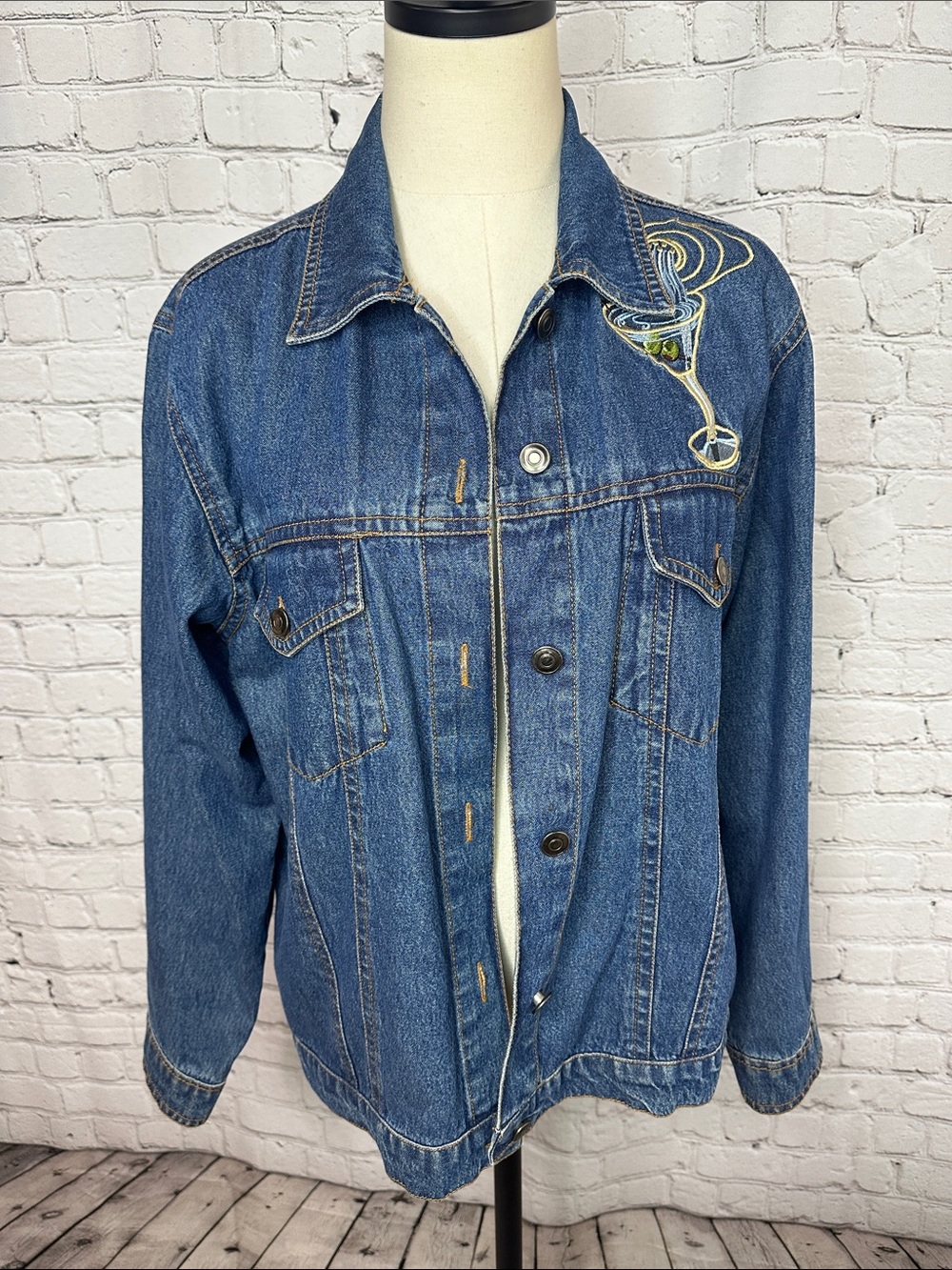 Don’t Mess With Texas Martini Embroidered Denim Jacket Blue Size Large